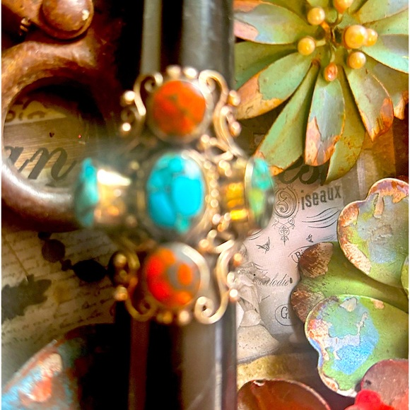 Sundance Vintage Turquoise Coral Scroll Statement Southwest Sterling Silver Ring - Picture 6 of 10